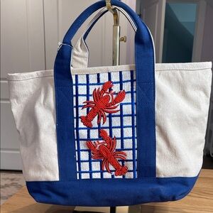 Blue and White Tote Bag with Beaded Lobster Design NWT
